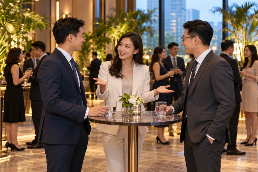 Professionals making introductions at a business networking reception