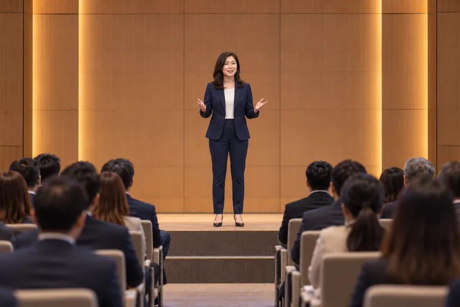Speaker addressing an audience at a corporate conference