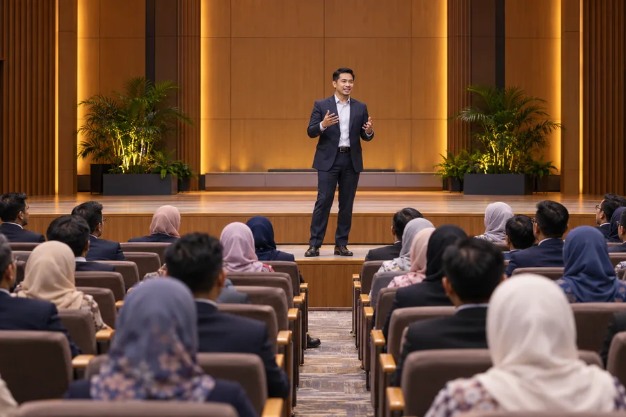 Penceramah berucap kepada hadirin di persidangan korporat