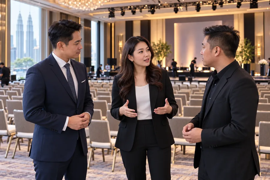 Event lead discussing preparations with colleagues in a conference venue