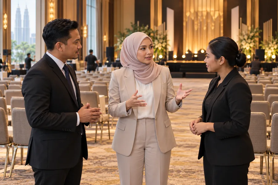 Ketua acara berbincang dengan rakan sekerja di dewan persidangan yang disediakan