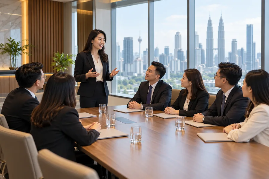 Speaker leading a business briefing with seated colleagues