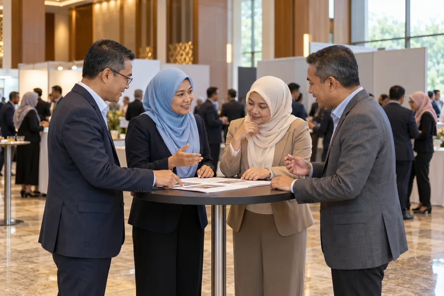 Wakil perniagaan berbincang di acara rangkaian industri