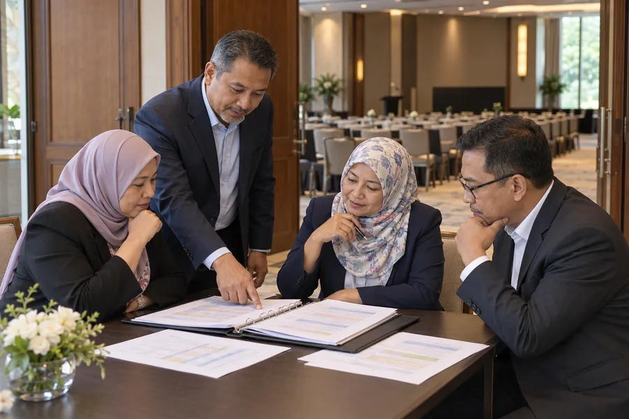 Ahli jawatankuasa menyemak program sebelum acara profesional